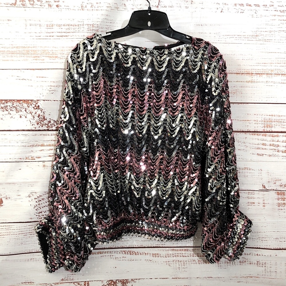 Miss It Sophisticated Women’s Sequin Zigzag Pattern Top Blouse oversized petite